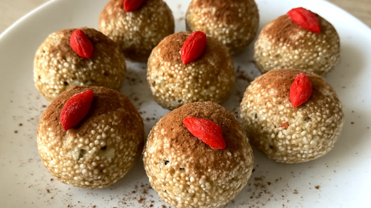 Amaranth-Kokos-Bällchen mit Kakao und Goji-Beeren"
