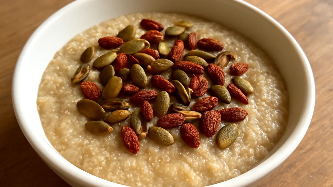 Amaranth-Porridge mit gerösteten Kürbiskernen und Goji-Beeren"