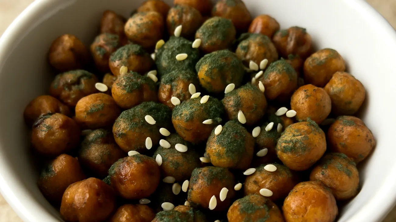 Geröstete Kichererbsen mit Spirulina und Sesam"