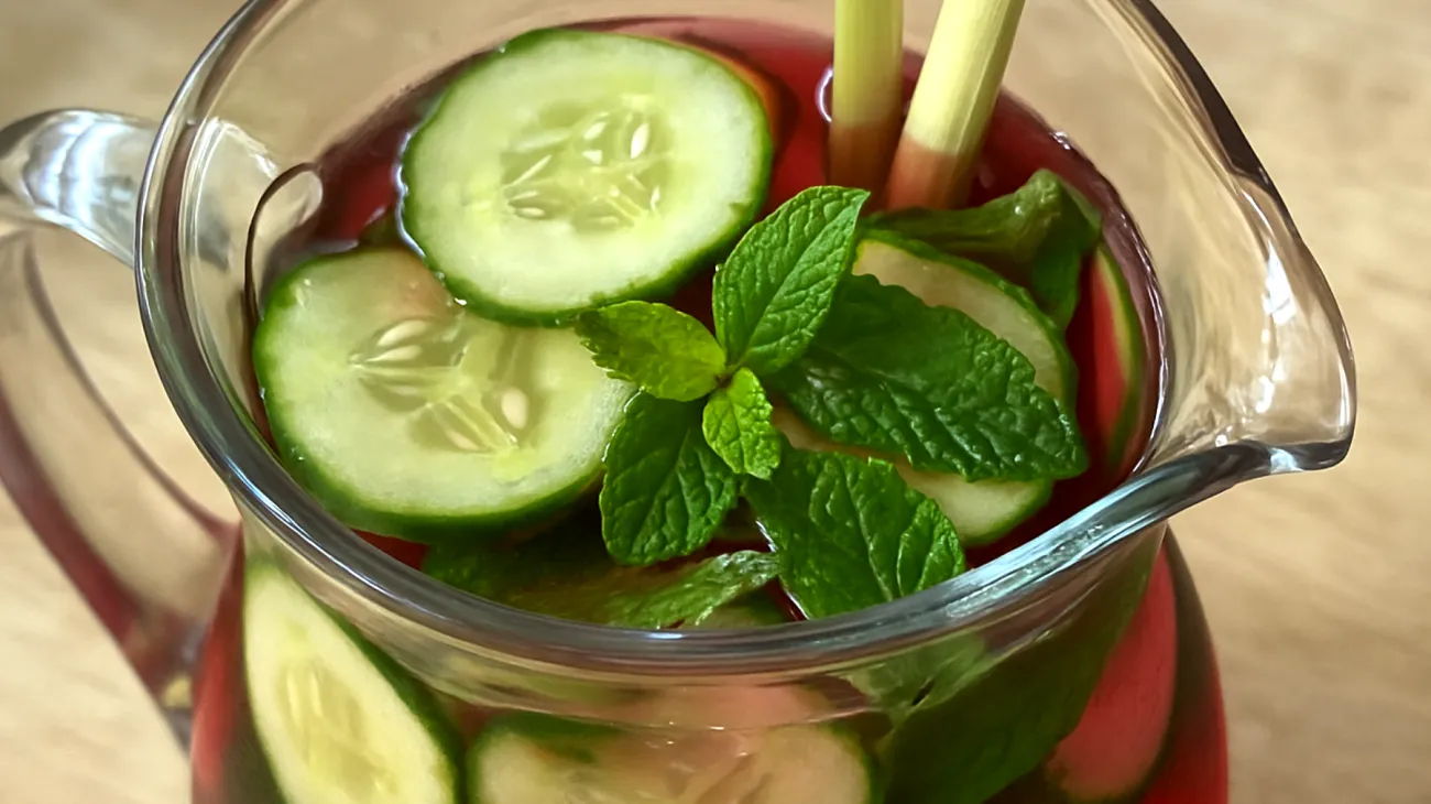 Hibiskus-Gurken-Wasser mit Minze und Zitronengras"
