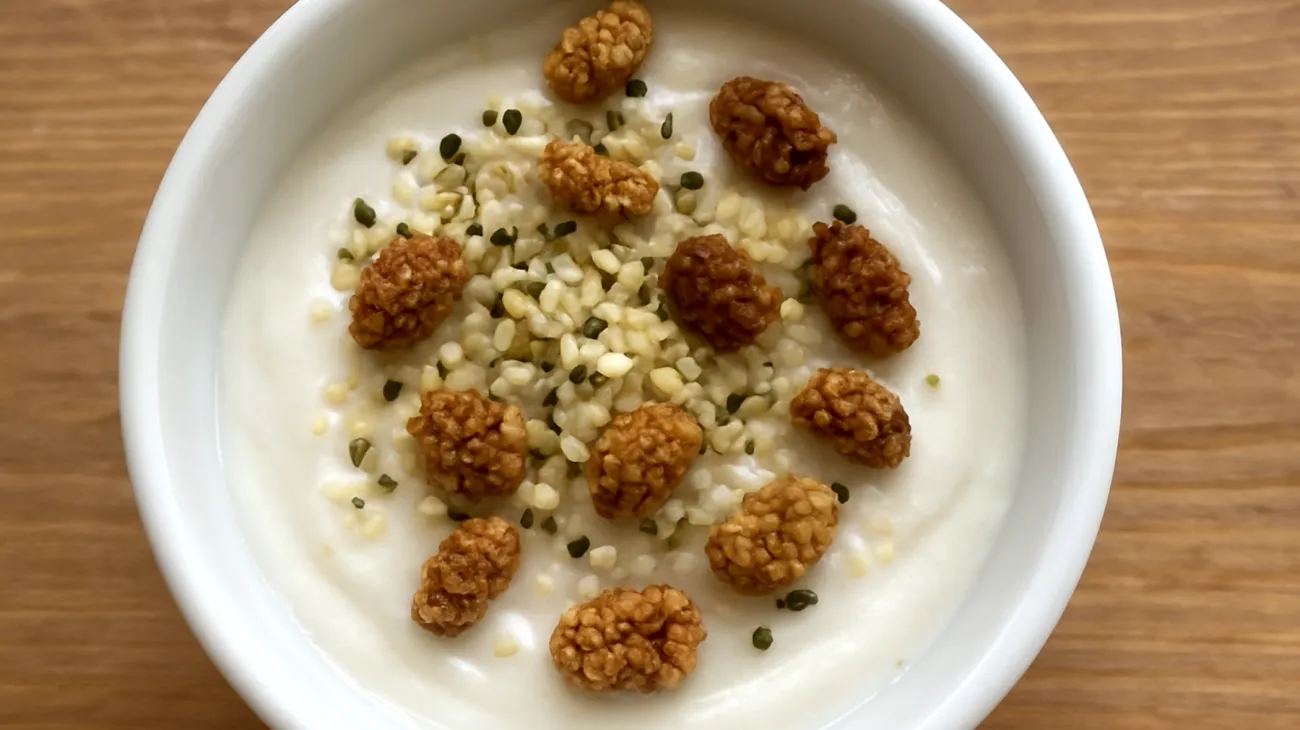 Kokosmus mit Hanfsamen und getrockneten Maulbeeren"